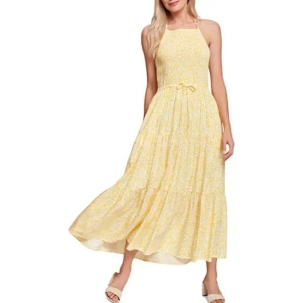 LOST WANDER Yellow‎ White Floral Smocked Halter Maxi Dress XS